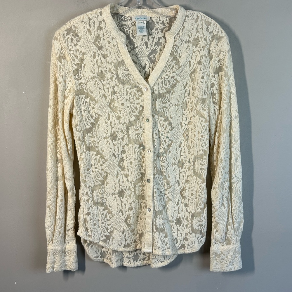 Sundance Floral Lace Button Down Top Size S Cream Long Sleeve Cottagecore Boho
